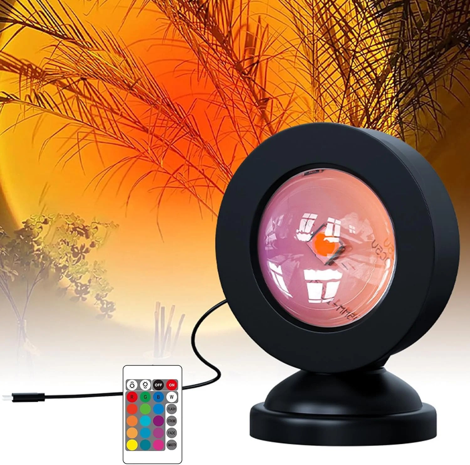 Lampe sunset projetant une lumière coucher de soleil orange sur un mur clair